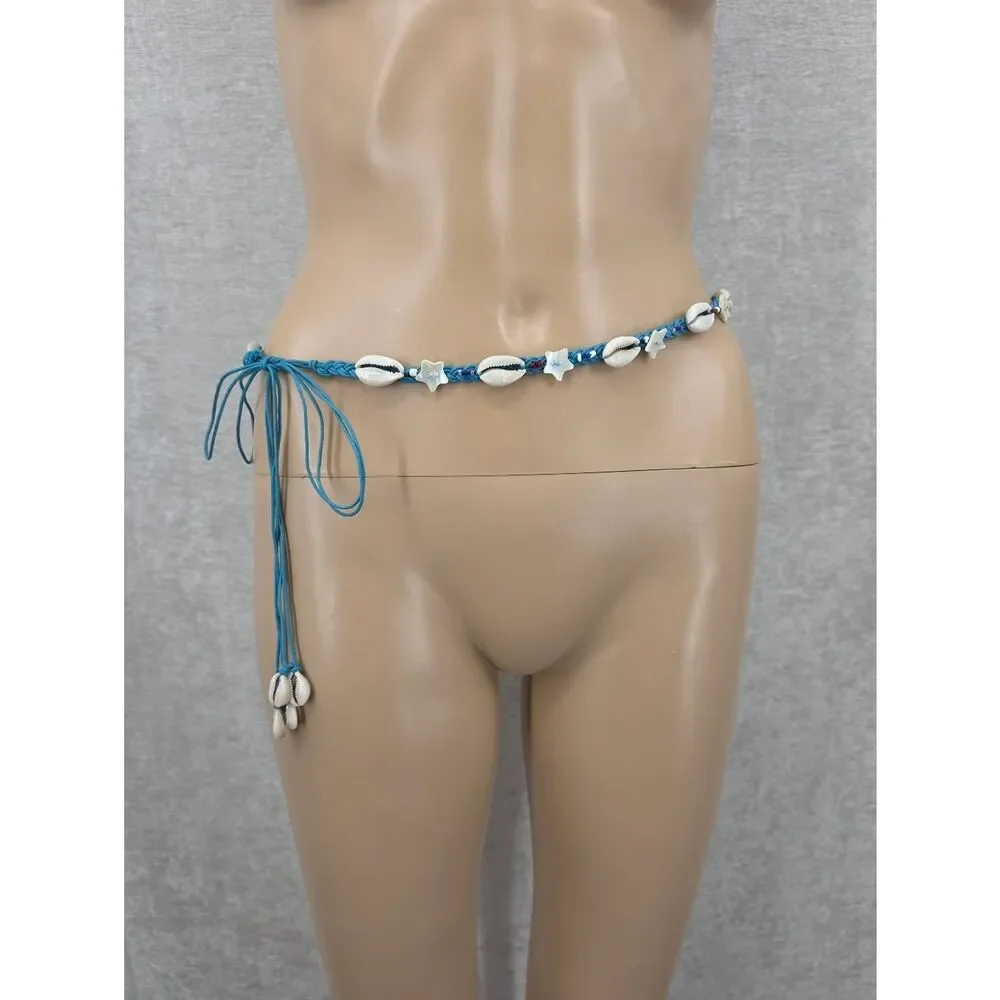 Blue Shell Star Beach Waistbelt Belt Coastal Cowgirl Braided Rope Beaded